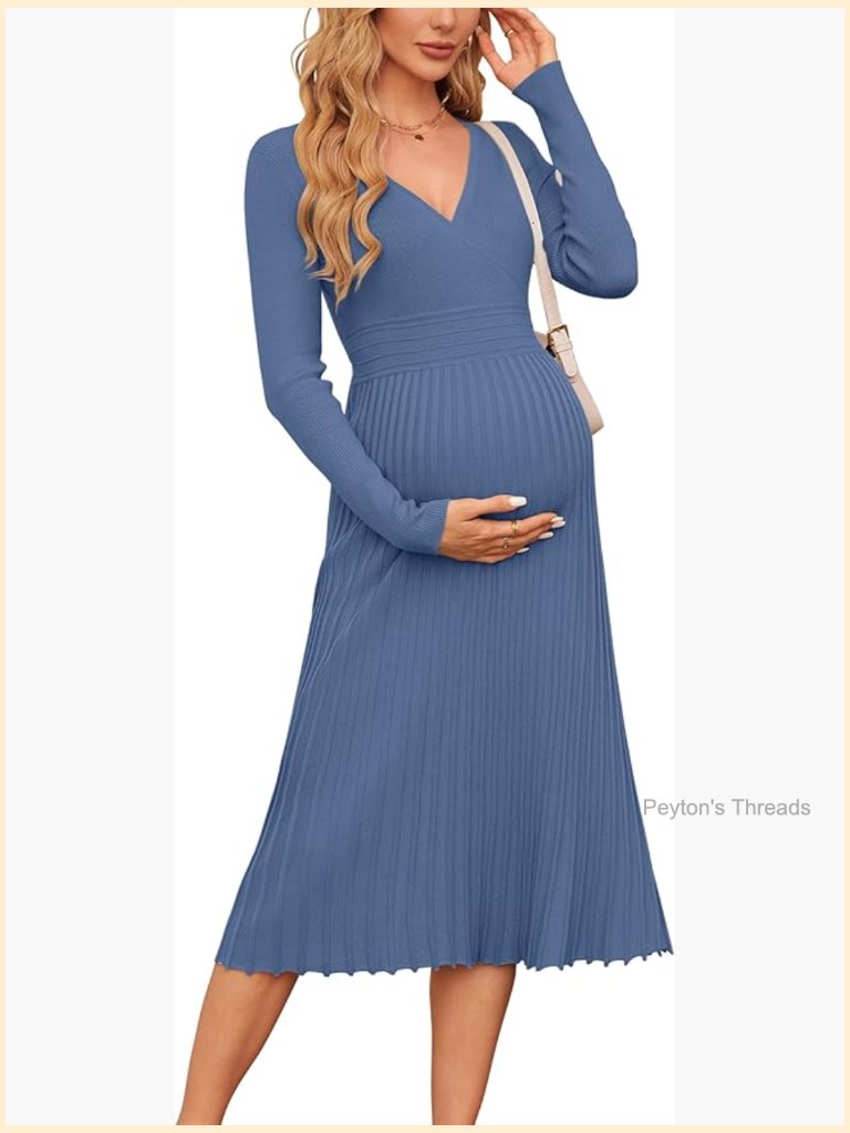 Long Sleeve Wrap V Neck Pleated Midi Maternity Dress For Photoshoot & Baby